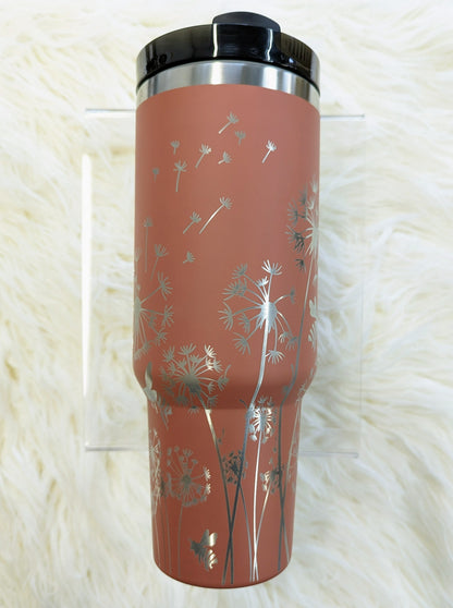 Dandelion and Bumblebee Pattern engraved 40 oz insulated stainless steel tumbler