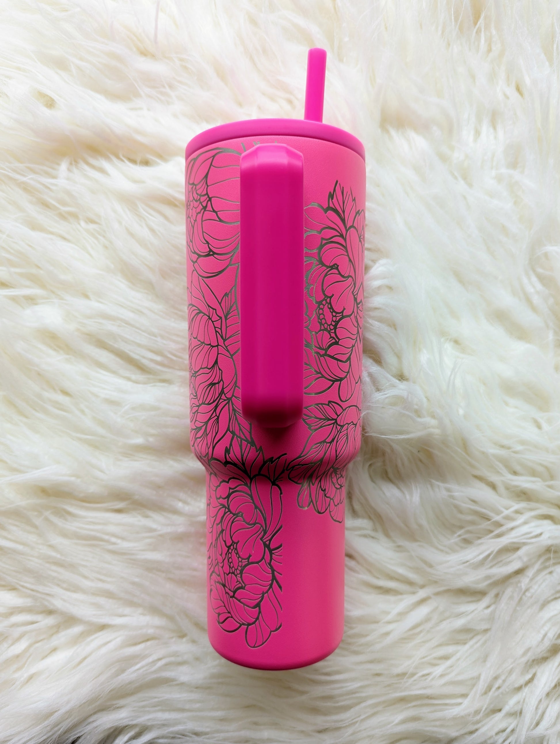 Peony floral pattern engraved on hot pink 40 oz insulated tumbler with handle by Simple Modern