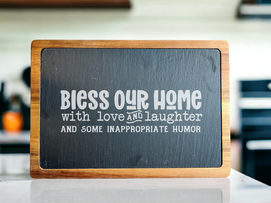 Bless Our Home...Laser Engraved Acacia Wood and Slate Cutting Board