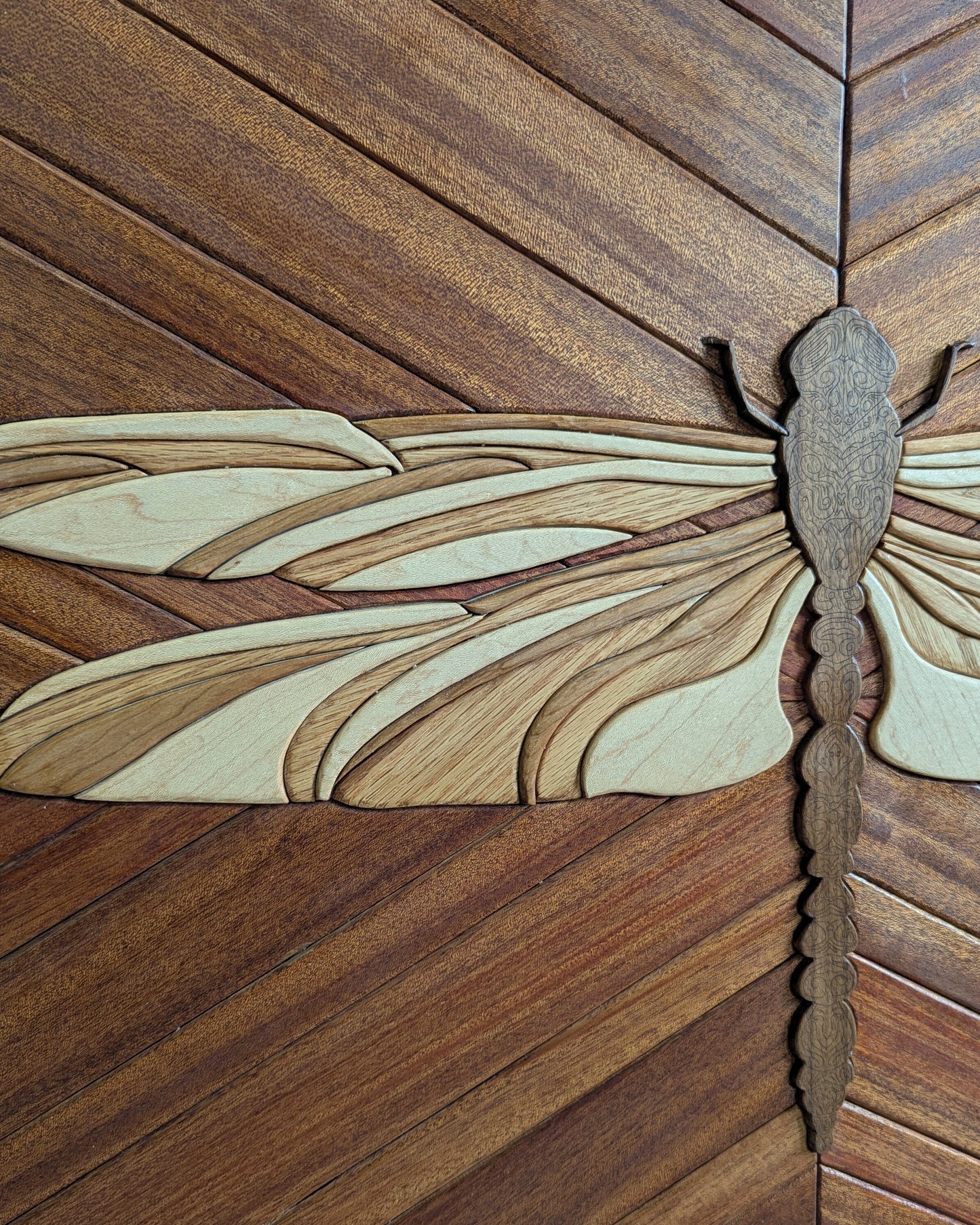 Close-up of dragonfly wing made from natural hardwoods, highlighting grain and layering.