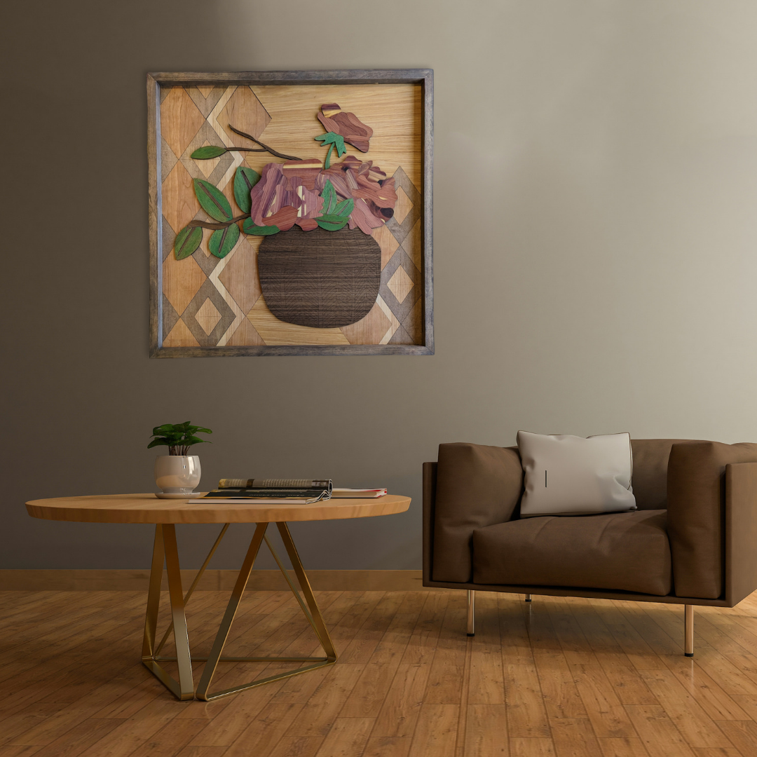 Laser Cut Wood Inlay wall art piece hanging on a wall in a dimly lit living room with a chair and table in the foreground.