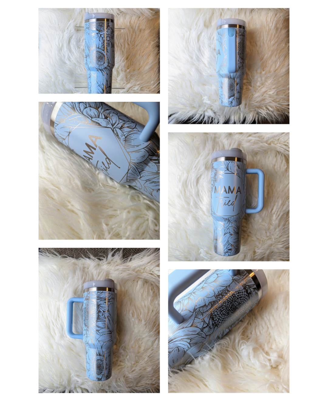 Photo of a soft blue colored 40 oz insulated tumbler with handle permanently engraved with a sunflower pattern and the text Mama Tried