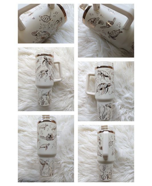 Photo collage of 40 oz cream/copper insulated tumbler with sea turtle oceanic design engraved