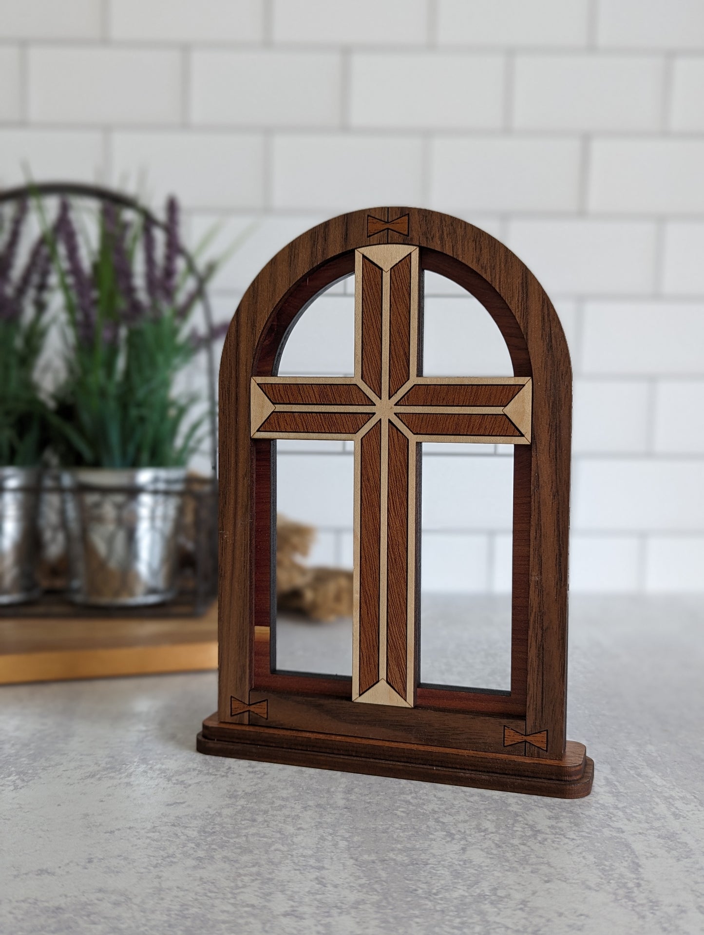 Handcrafted wooden Cross Arch shelf decor