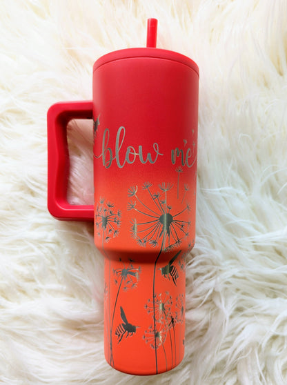 Dandelion "Blow Me" pattern engraved on peach and pink 40 oz insulated tumbler with handle by Simple Modern