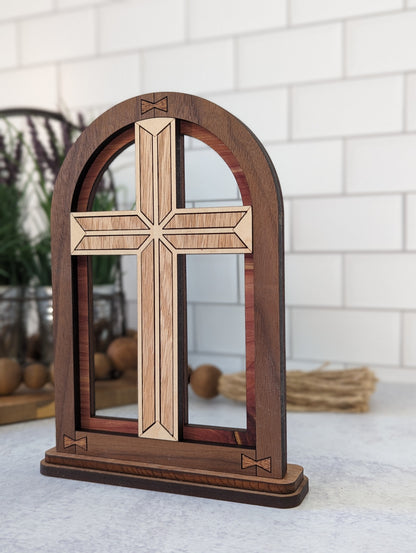 Handcrafted wooden Cross Arch shelf decor