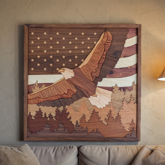 Wooden wall art of an eagle and American flag design on a wall above a sofa.