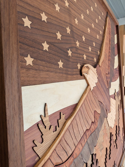 Wooden wall art with an eagle and American flag design