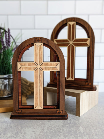 Handcrafted wooden Cross Arch shelf decor