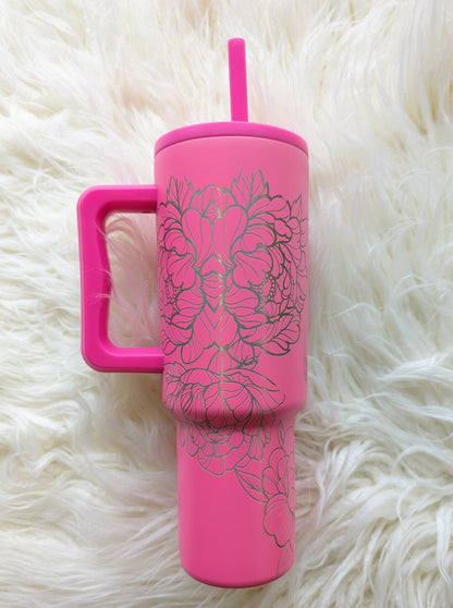 Peony floral pattern engraved on hot pink 40 oz insulated tumbler with handle by Simple Modern