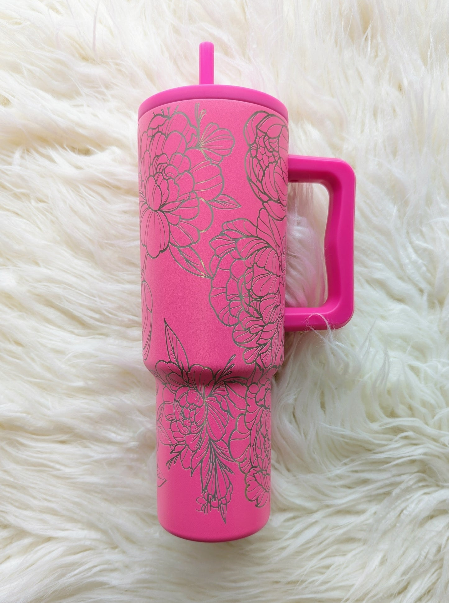 Peony floral pattern engraved on hot pink 40 oz insulated tumbler with handle by Simple Modern