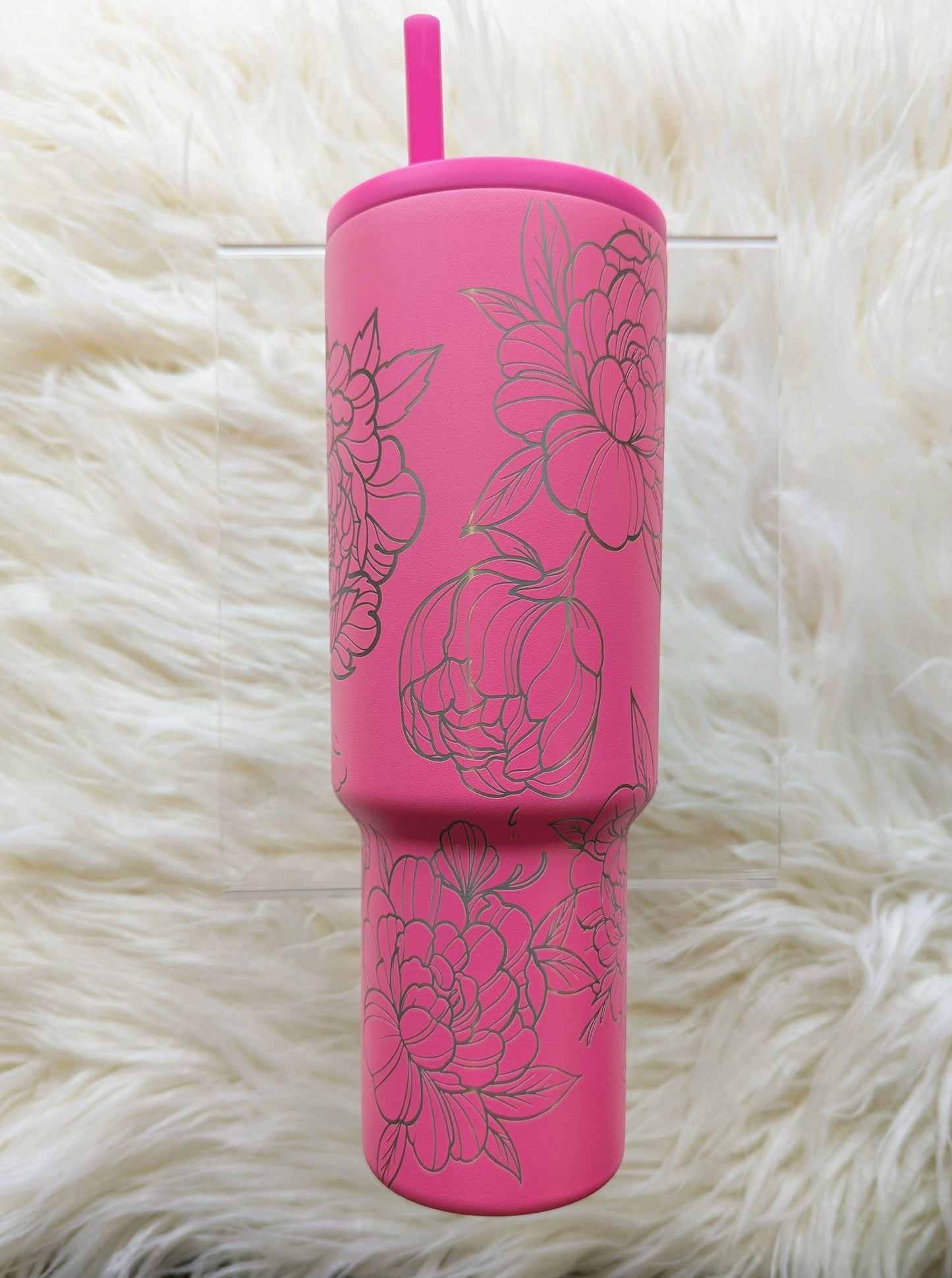 Peony floral pattern engraved on hot pink 40 oz insulated tumbler with handle by Simple Modern