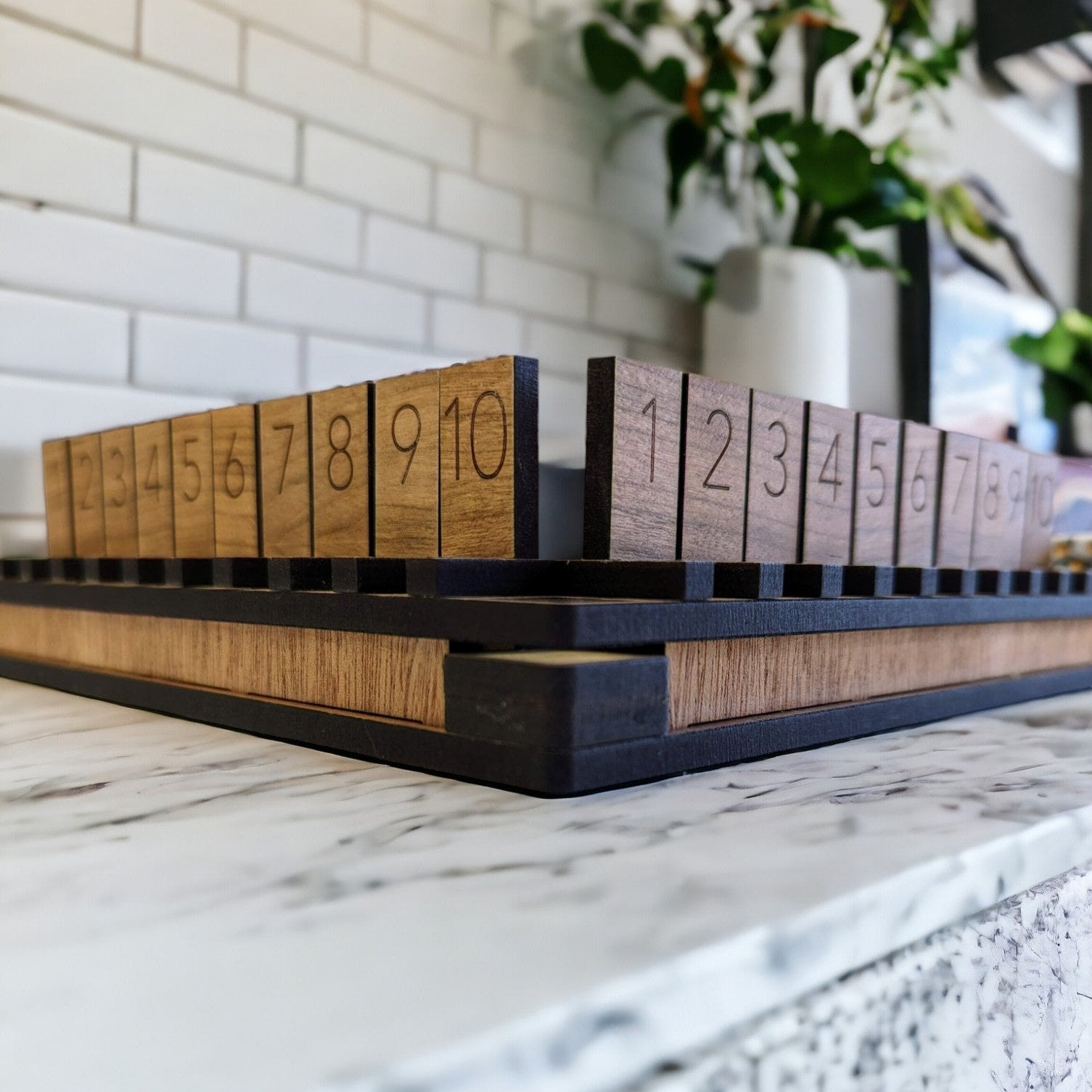 Handcrafted wooden Shut the Box game corner view