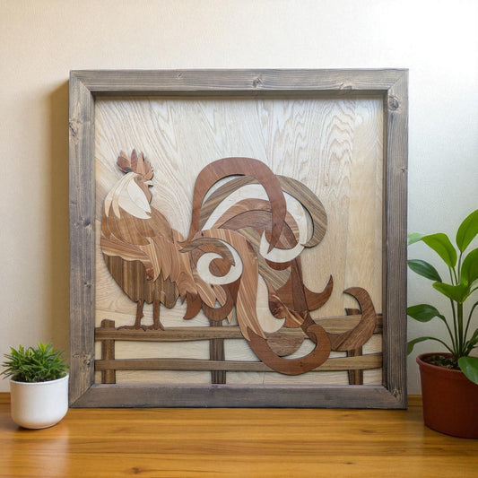 Framed rooster wall art displayed on a wooden shelf with houseplants, showing full design and natural wood tones.