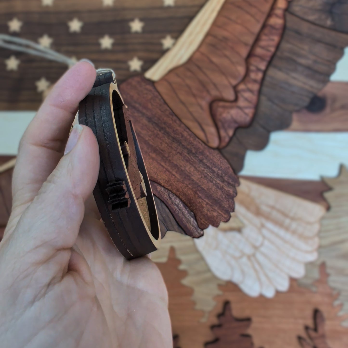 Hand holding a small wooden object with a detailed background of an eagle.