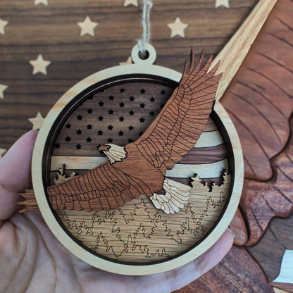 Wooden ornament with an eagle design on a wooden background