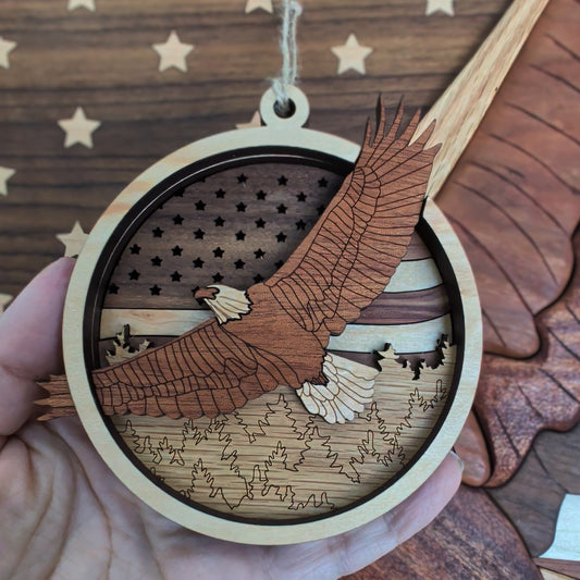 Wooden ornament with an eagle design on a wooden background