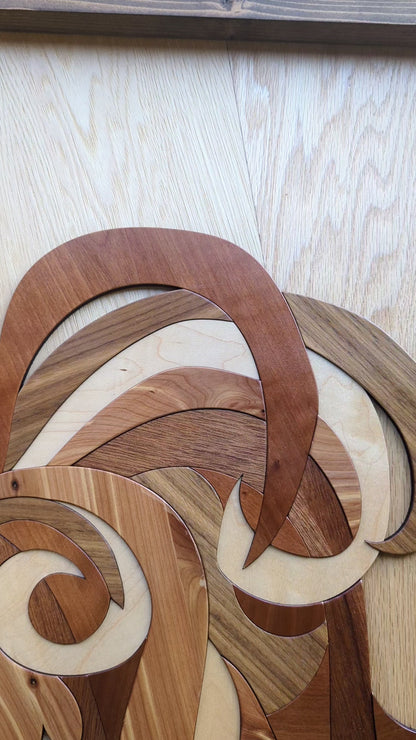 Video capturing close-up of rooster tail feathers with light movement, revealing dimensional layering and sheen of the wood.