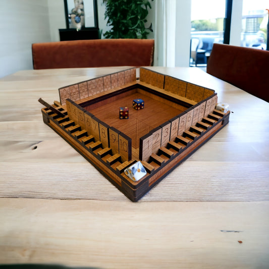 Handcrafted wooden Shut the Box game with 4 designer dice