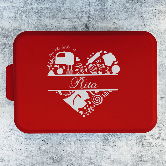 A Baker's Heart Red personalized laser engraved cake pan by Sand Shooters